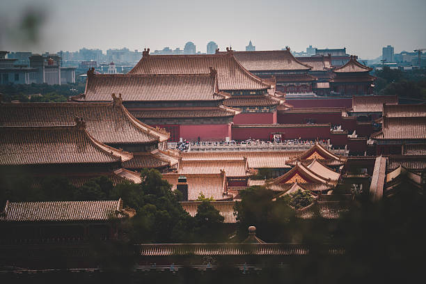 Overlooking The Palace Museum in Beijing, rows of ancient structures dominate the skyline. A historical panorama captured with intricate roof details. Cityscapes view.