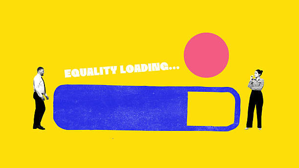 Collage of man and woman facing progress bar with equality loading text on yellow background