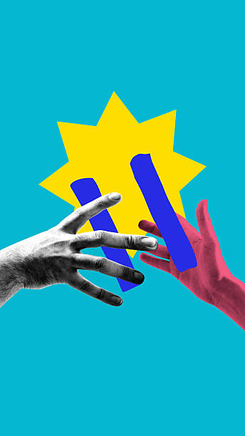 Modern collage of two hands reaching for equal sign with bright abstract starburst