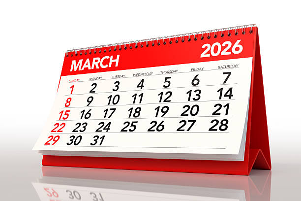 istock Red Desktop Calendar Showing March 2026 Month 2238717177