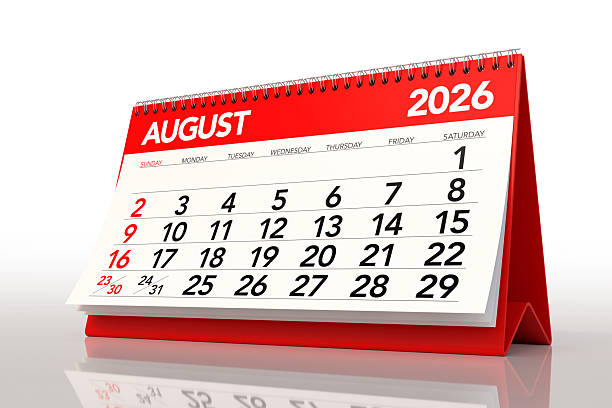 istock Red Desktop Calendar Showing August 2026 Month 2238717182
