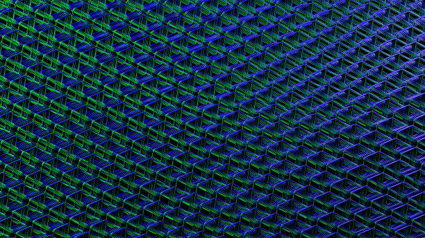 Vibrant green lines create a complex grid structure overhead, emphasizing the modern architectural design in a dark environment. The patterns reflect creativity and innovation.