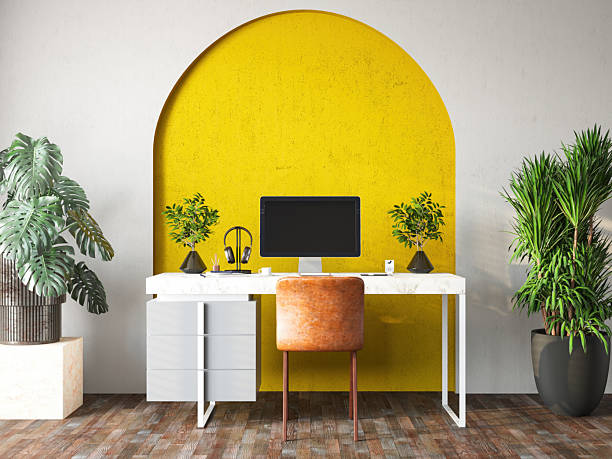 istock Creative Home Office With Yellow Arch and Green Plants 2238724152
