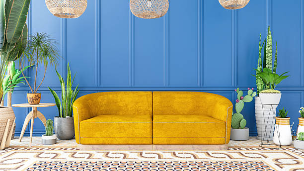 istock Modern Interior With Yellow Couch and Blue Wall Paneling 2238724167