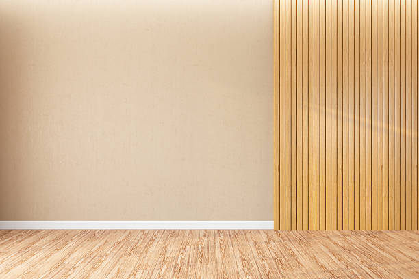 istock Empty Minimalist Room Interior with Beige Wall and Vertical Wood Paneling 2238724727