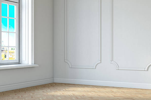 Empty Classic Interior Room with Window and White Decorative Wall Panels. 3D Render