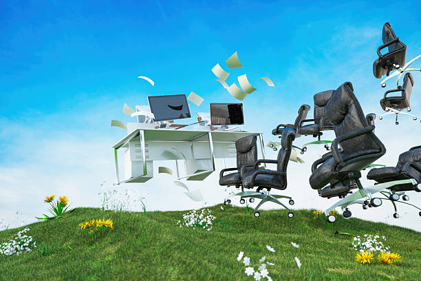 Flying Office Desk, Chairs, and Paper Representing Freedom and Flexible Working. 3D Render