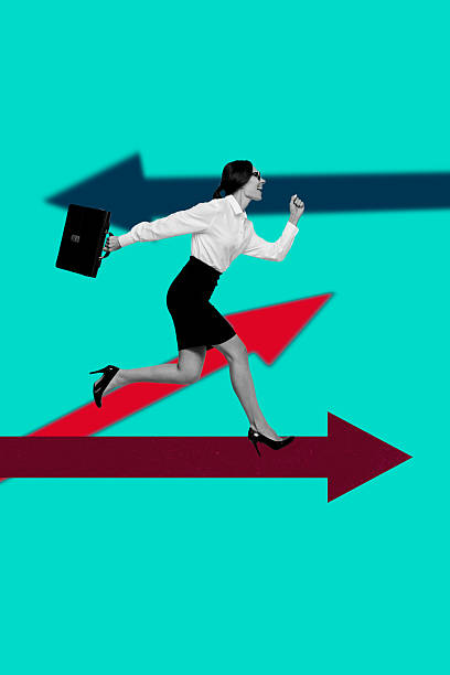 istock Composite image 3D collage of young lady formlawear run hold suitcase hurry fast target route graphics showing achievement direction point 2238727815