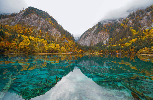 istock Crystal clear lake reflects autumn forest and rocky mountain under cloudy sky 2238731030