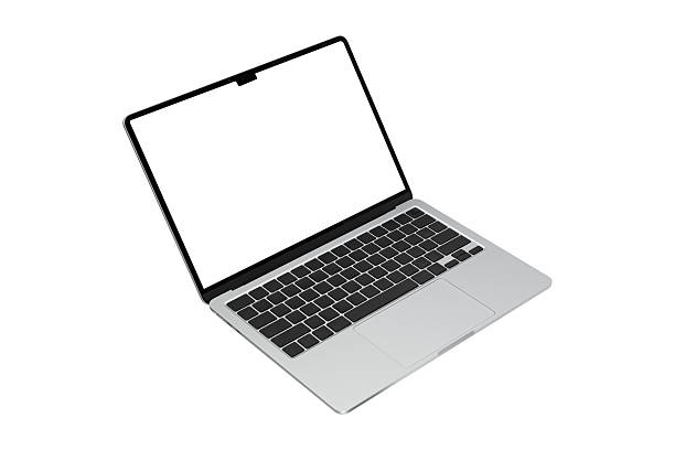 Laptop with customizable blank screen, isolated on white background. Perfect for themes in technology, business, finance, and advertising.