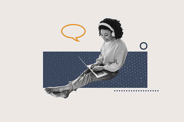 istock Sketch composite photo collage trend artwork of correspondence email media communication symbol young woman sit beanbag video call laptop 2238731679