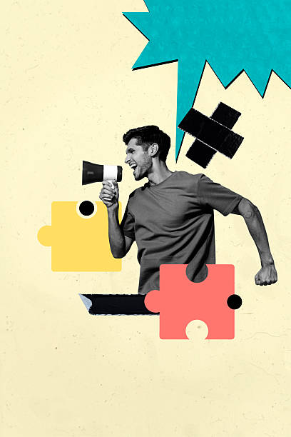 istock Vertical 3d poster art pop collage of happy girl guy stand puzzle element jigsaw solving strategy icon development career 2238733134