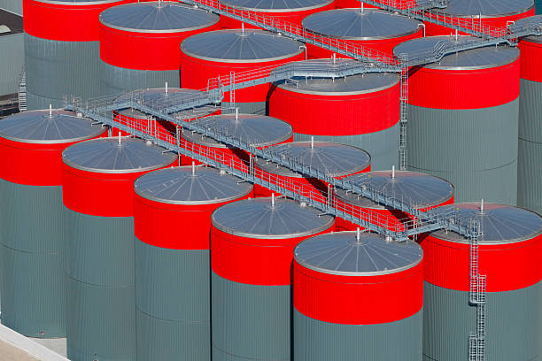 Industrial storage tanks aerial view on the industrial estate in Kampen, Overijssel, Netherlands.