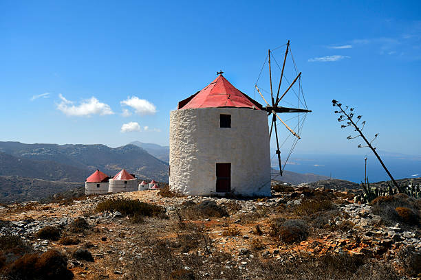 Amorgos Greece - September 09, 2025:  Chora, the old windmills on the Cycladic island in the Aegean Sea