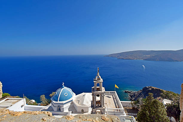 Panagia Thalassitra Church. Taken from the church on the top of the hill in Plaka village (Milos Island, Cyclades, Greece). Below the church of The Assumption of the Virgin Mary or Panaghia Skiniotissa and the church of Panaghia Thalassitra