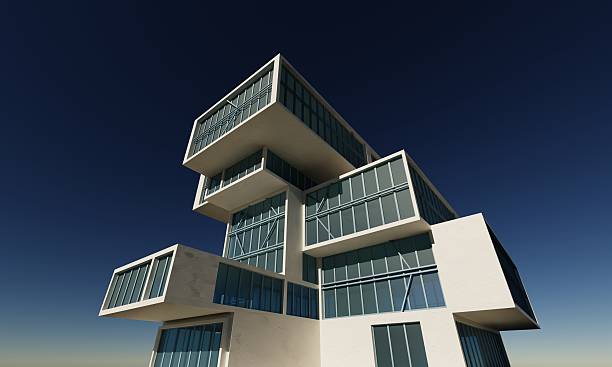 View perspective architectural office building over blue sky scene 3d rendering wallpaper background