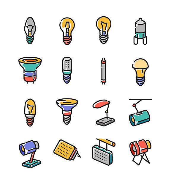 Collection of sixteen playful line icons showing different lighting sources and fixtures such as bulbs, lamps, floodlights, and stage or studio spotlights for UI and design projects.
