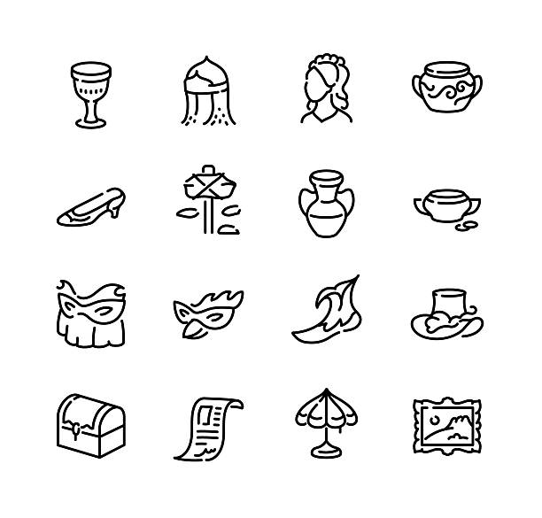 Icons depict a decorated goblet, domed pavilion, classical bust portrait, ceramic pot, high heel shoe, signpost, amphora vase and small bowl, two masquerade masks, scroll paper, treasure chest, parasol umbrella, and framed artwork. Vector illustration