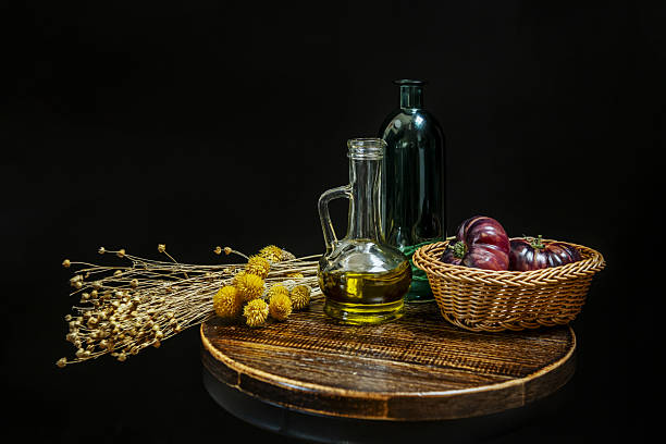 A still life of typical Mediterranean products to make nutritious and healthy salads on a circular industrial-style chair