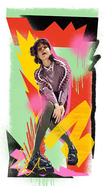 istock Modern poster. Female model in checkered outfit posing with colorful graffiti background 2238749682