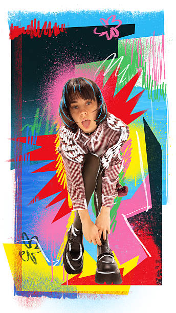 Composition with playful girl in checkered outfit bending forward with bright graffiti explosion. Concept of youth culture, street art, fashion energy, and joyful rebellion with expressive emotion.