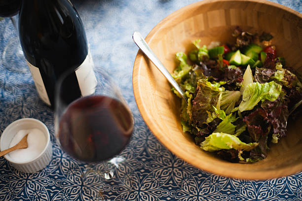 Food, vegetable, red wine, salad bowl