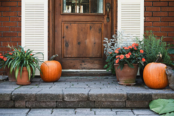 istock Pumpkins and orange flowers on front stoop 2238752632