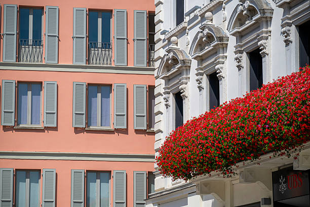 Classic building in Lugano, piazza della riforma. Italian style and architecture. Perfect photo for travel tourism.