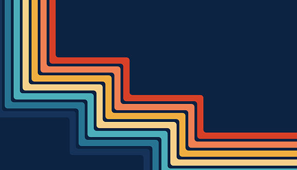 Abstract vector background with rainbow step-like stripes. 1970s retrofuturism style. Wallpaper for posters, wall art, banners, and retro-colored illustration in 3D perspective.