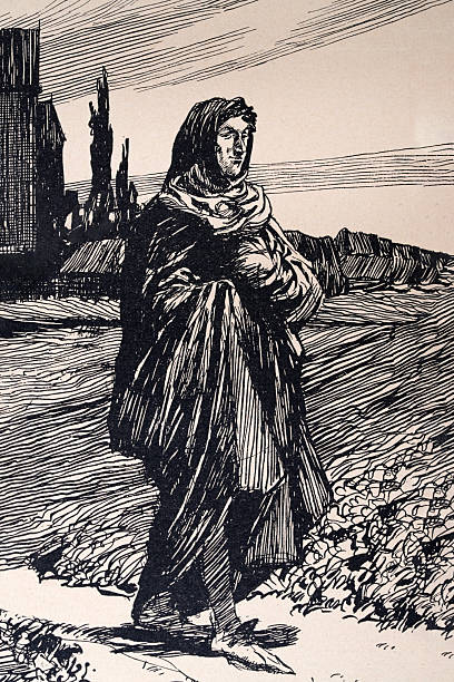 Medieval pilgrim, walking along a track, Art Nouveau, Jugendstil , Vintage illustration, 1890s, 19th Century