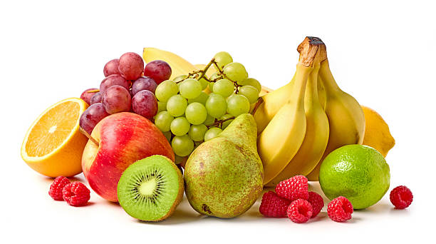 composition of various fresh ripe fruits isolated on white background