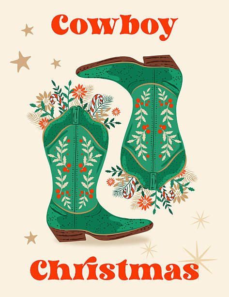 Cowboy Christmas Concept With Cowboy Boots & Holiday Elements. Flat colors, easy to edit. Download includes a high resolution jpeg.