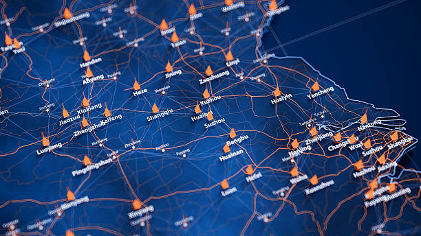 istock Suzhou map big data visualization. Futuristic map infographic of city in China. Visual map data complexity in modern blue and orange colors 2238781003