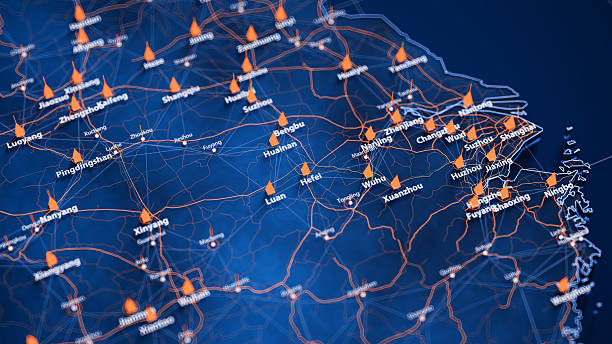 istock Hefei map big data visualization. Futuristic map infographic of city in China. Visual map data complexity in modern blue and orange colors 2238781151