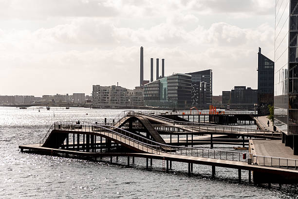 Copenhagen, Denmark - September 26, 2014 - Modern waterfront architecture and walkways in urban harbor setting.