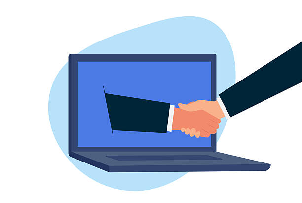 istock Handshaking on laptop concept. Online Communication, two business man handshake on laptop, Businesspersons shaking hands through display of a laptop 2238790702