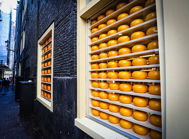 Amsterdam,Netherlands. September 29, 2025. Typical dutch cheese rolls displayed in a shop window in the city center