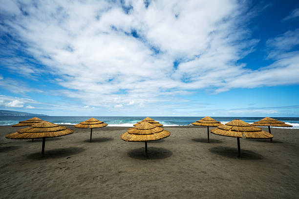 Santa Barbara Black volcanic sand beach with thatched umbrellas under a cloudy sky