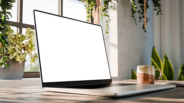 istock Laptop screen mockup low angle right perspective view on desk with warm natural light and plants 2238802752
