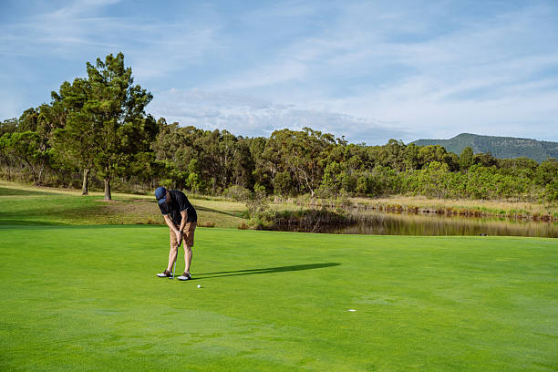 istock Recreational high class golfer in golf clothing putting on a lush green golf course surrounded by trees under a clear blue sky 2238804507
