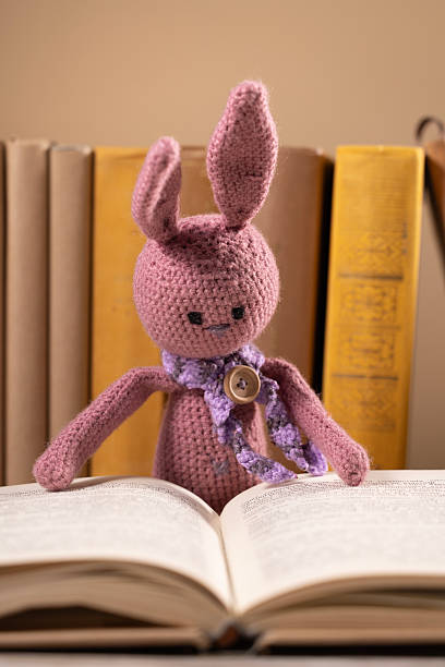istock Cute Crochet Bunny Reading a Book in Library Setting with Vintage Books Behind 2238812569