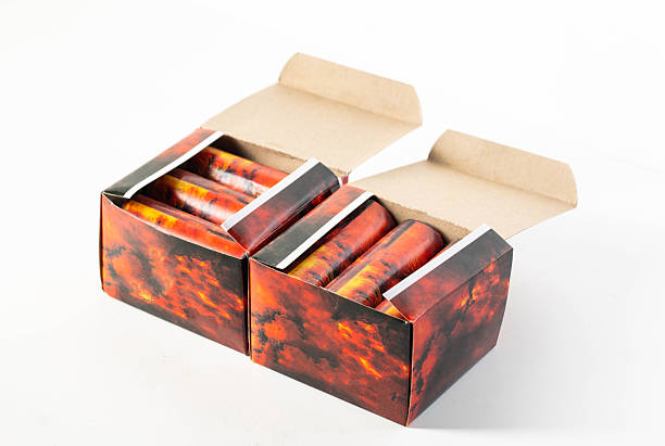 Packaging of flying circoblits fireworks on the table. Safety with pyrotechnics