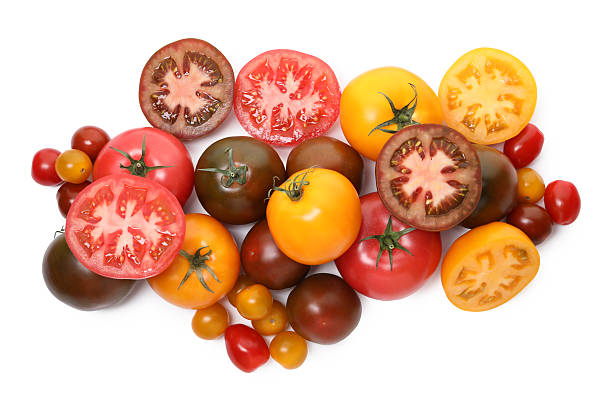 istock Different ripe juicy tomatoes isolated on white, top view 2238827406