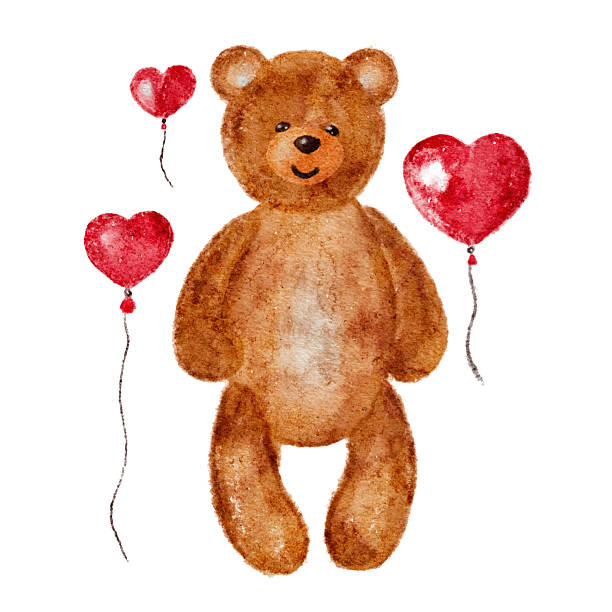 istock Brown teddy bear with red heart balloons illustration on white background, vector 2238836813