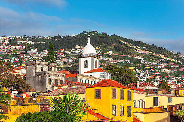 Funchal town from Madeira, with distinctive architecture, including Igreja do Socorro church and houses on hillside. Residential area climb sloping terrain with traditional buildings in Portugal