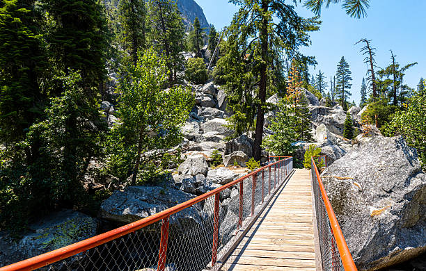 Hikers Bridge Crossing The Kings River on The Zumwalt Meadow- End of The Road Trail, Kings Canyon National Park, California, USA