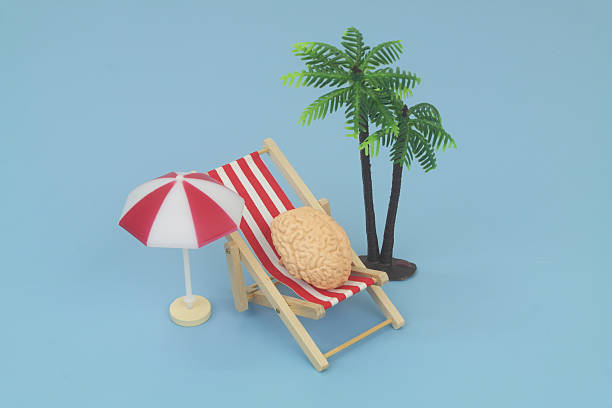 istock Human brain in beach chair relaxing under palm tree. 2238885722