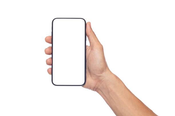 istock Hand business man holding mobile smartphone with blank screen with space for inserting advertising text. isolated on white background with clipping path 2238898414