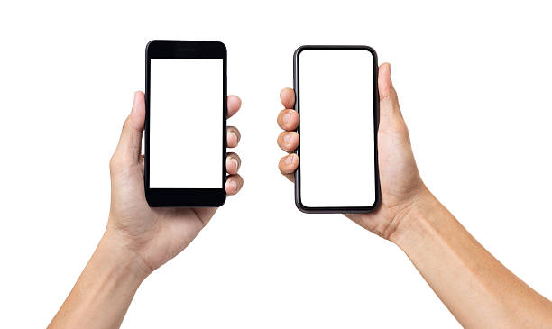 istock Hand man holding mock up mobile smartphone with blank screen isolated on white background with clipping path 2238898415