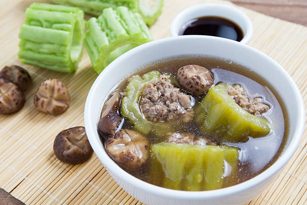 Bitter gourd with mince pork and mushroom soup.
